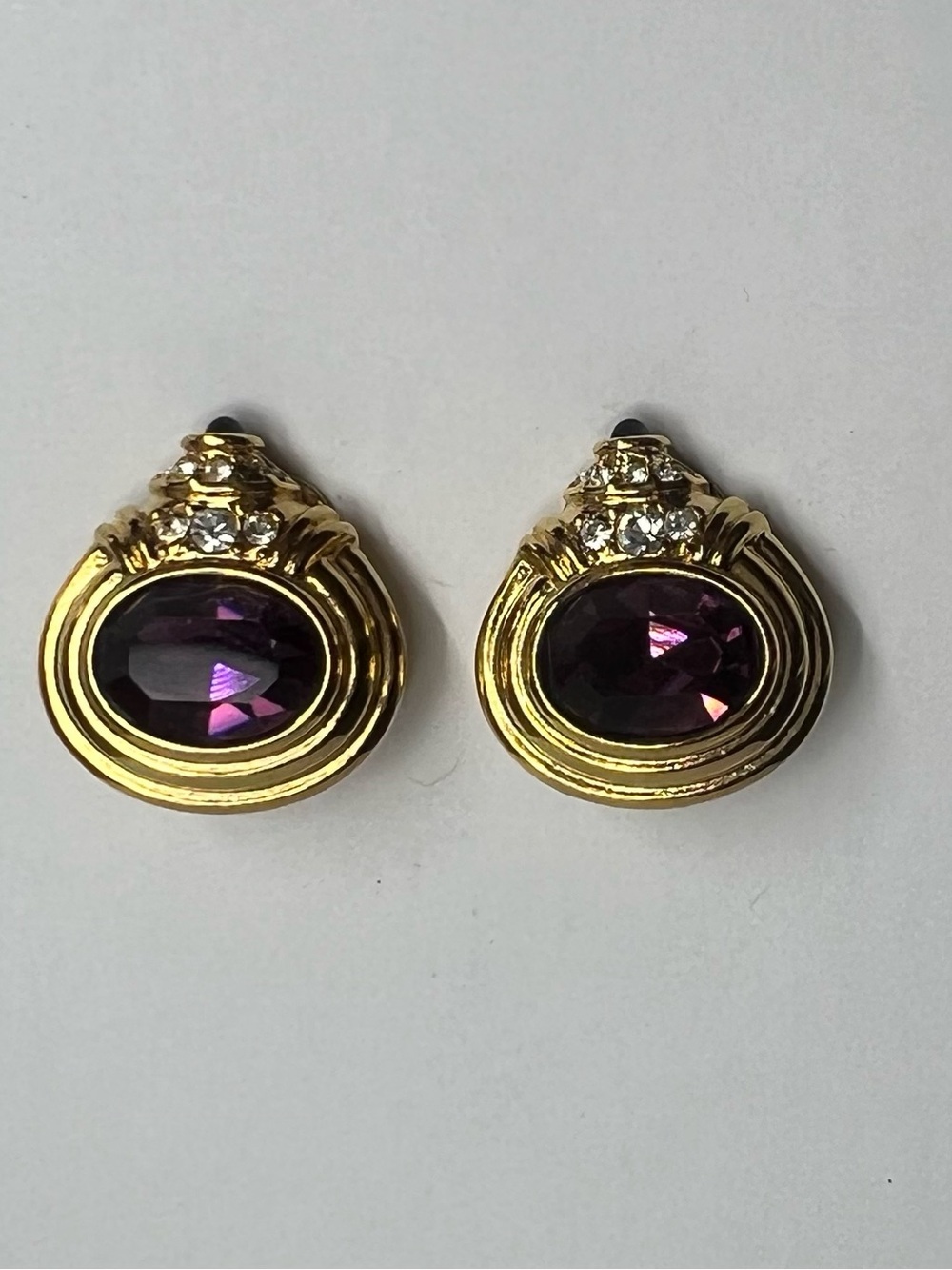 Nolan Miller Purple Amethyst Clear Crystal Blue Cabochon Gold Tone Clip Earrings